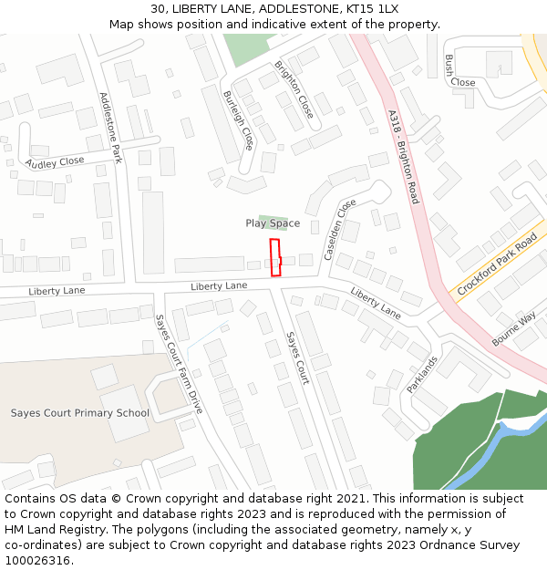 30, LIBERTY LANE, ADDLESTONE, KT15 1LX: Location map and indicative extent of plot