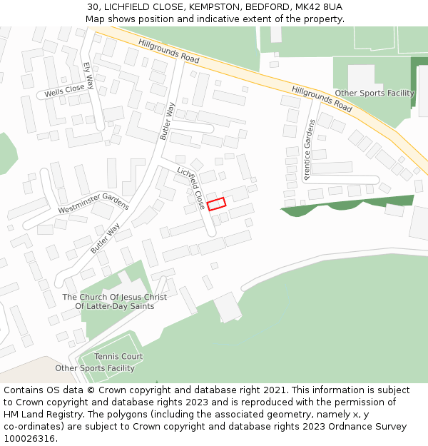 30, LICHFIELD CLOSE, KEMPSTON, BEDFORD, MK42 8UA: Location map and indicative extent of plot