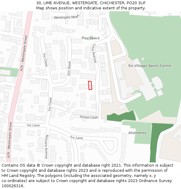 30, LIME AVENUE, WESTERGATE, CHICHESTER, PO20 3UF: Location map and indicative extent of plot