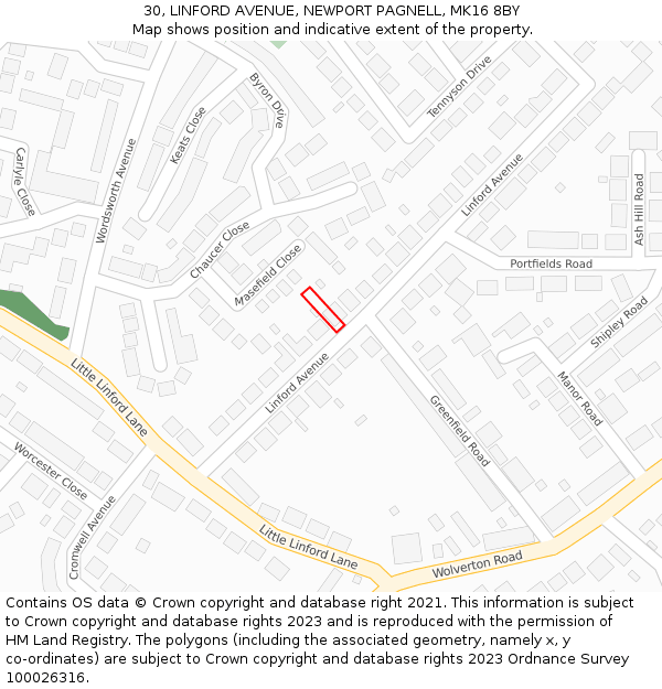 30, LINFORD AVENUE, NEWPORT PAGNELL, MK16 8BY: Location map and indicative extent of plot