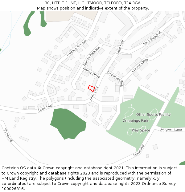 30, LITTLE FLINT, LIGHTMOOR, TELFORD, TF4 3GA: Location map and indicative extent of plot