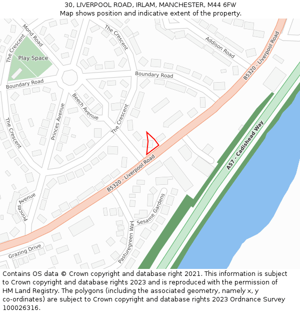 30, LIVERPOOL ROAD, IRLAM, MANCHESTER, M44 6FW: Location map and indicative extent of plot