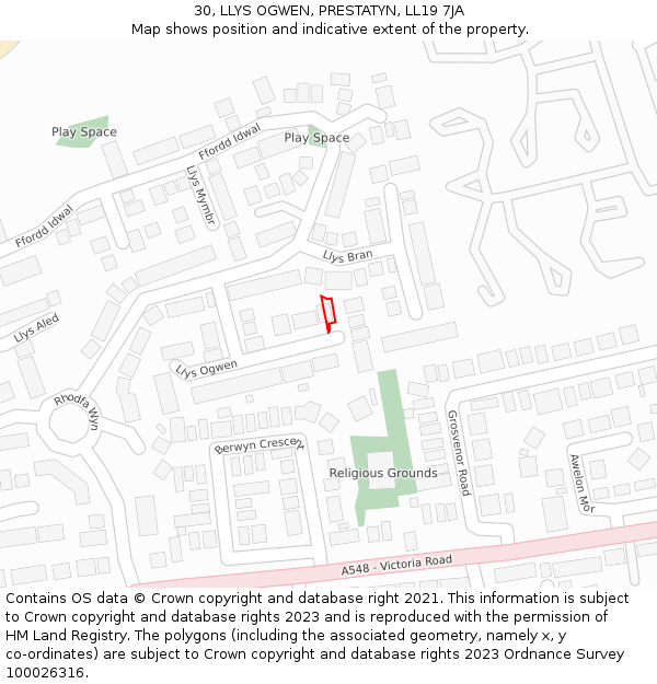 30, LLYS OGWEN, PRESTATYN, LL19 7JA: Location map and indicative extent of plot