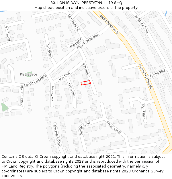 30, LON ISLWYN, PRESTATYN, LL19 8HQ: Location map and indicative extent of plot