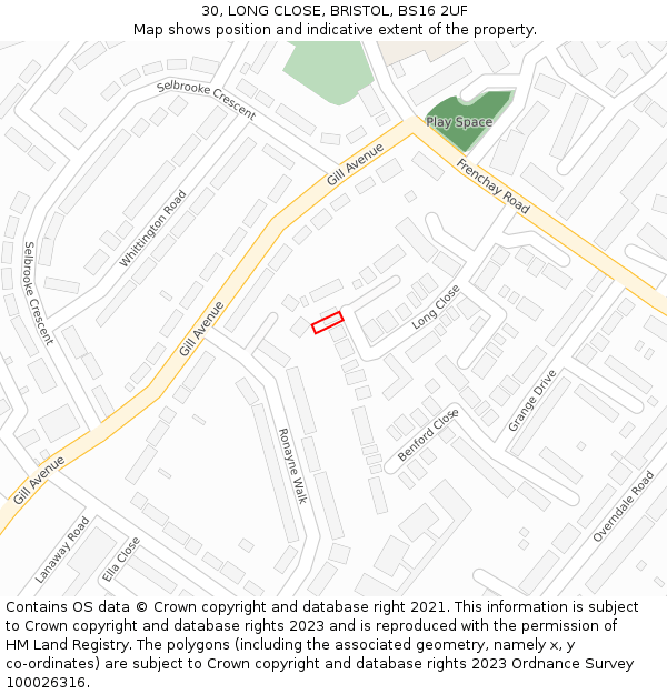 30, LONG CLOSE, BRISTOL, BS16 2UF: Location map and indicative extent of plot