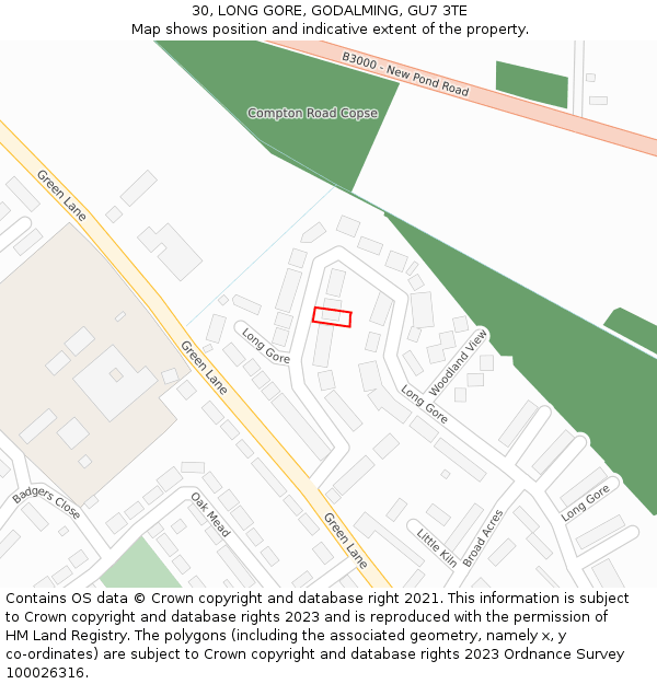 30, LONG GORE, GODALMING, GU7 3TE: Location map and indicative extent of plot