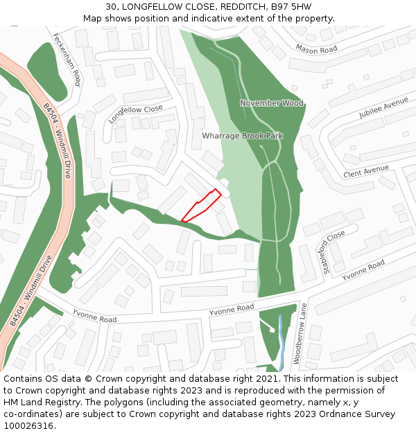 30, LONGFELLOW CLOSE, REDDITCH, B97 5HW: Location map and indicative extent of plot