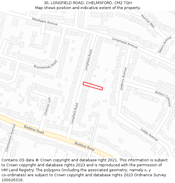 30, LONGFIELD ROAD, CHELMSFORD, CM2 7QH: Location map and indicative extent of plot