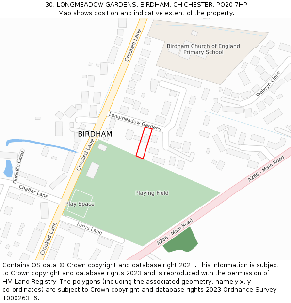 30, LONGMEADOW GARDENS, BIRDHAM, CHICHESTER, PO20 7HP: Location map and indicative extent of plot