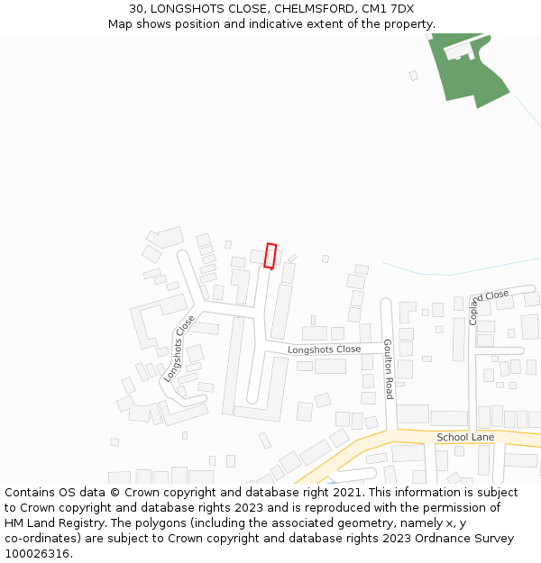 30, LONGSHOTS CLOSE, CHELMSFORD, CM1 7DX: Location map and indicative extent of plot