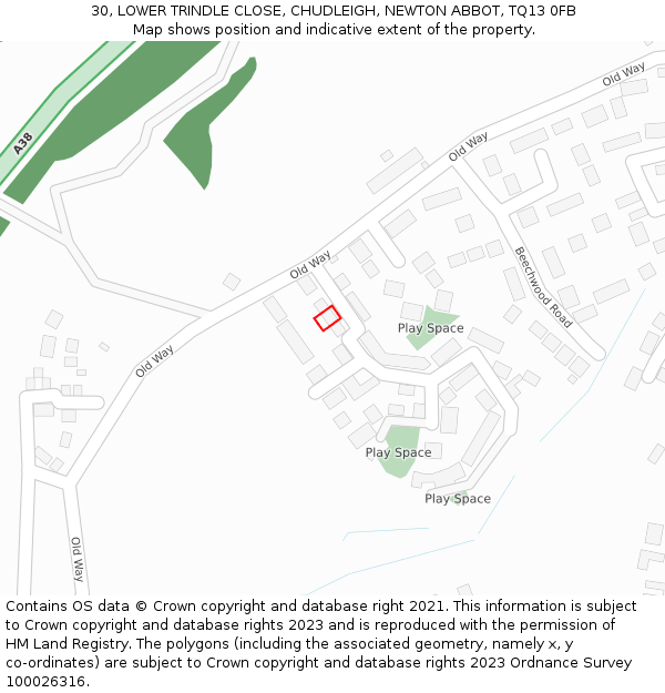 30, LOWER TRINDLE CLOSE, CHUDLEIGH, NEWTON ABBOT, TQ13 0FB: Location map and indicative extent of plot