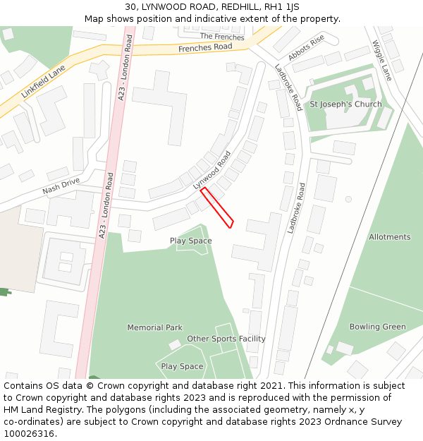 30, LYNWOOD ROAD, REDHILL, RH1 1JS: Location map and indicative extent of plot