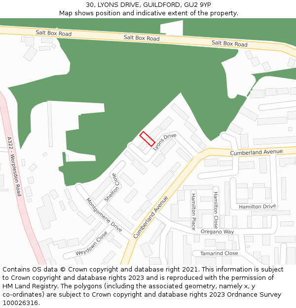 30, LYONS DRIVE, GUILDFORD, GU2 9YP: Location map and indicative extent of plot