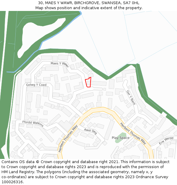 30, MAES Y WAWR, BIRCHGROVE, SWANSEA, SA7 0HL: Location map and indicative extent of plot