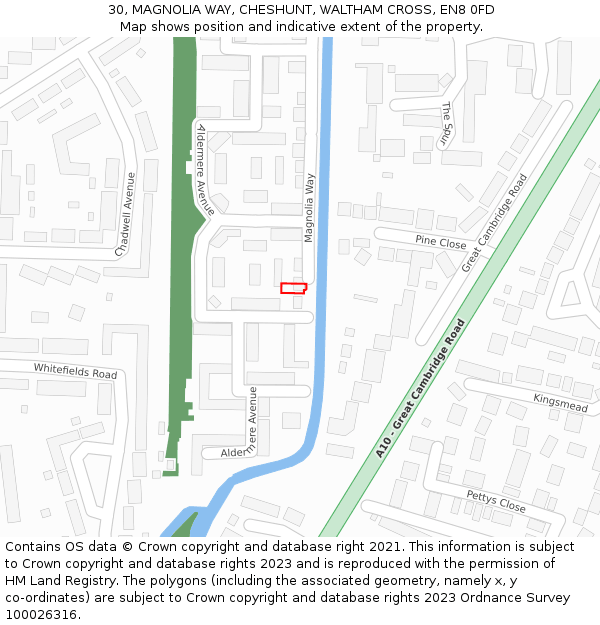 30, MAGNOLIA WAY, CHESHUNT, WALTHAM CROSS, EN8 0FD: Location map and indicative extent of plot