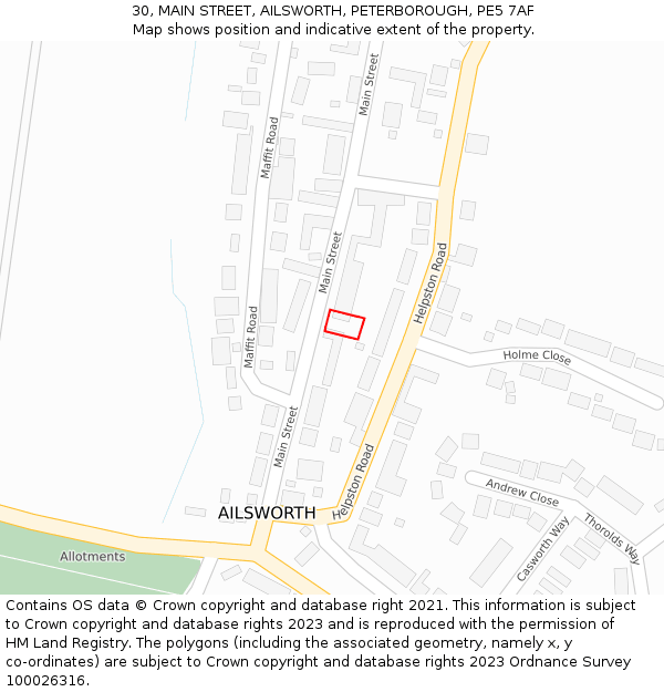 30, MAIN STREET, AILSWORTH, PETERBOROUGH, PE5 7AF: Location map and indicative extent of plot