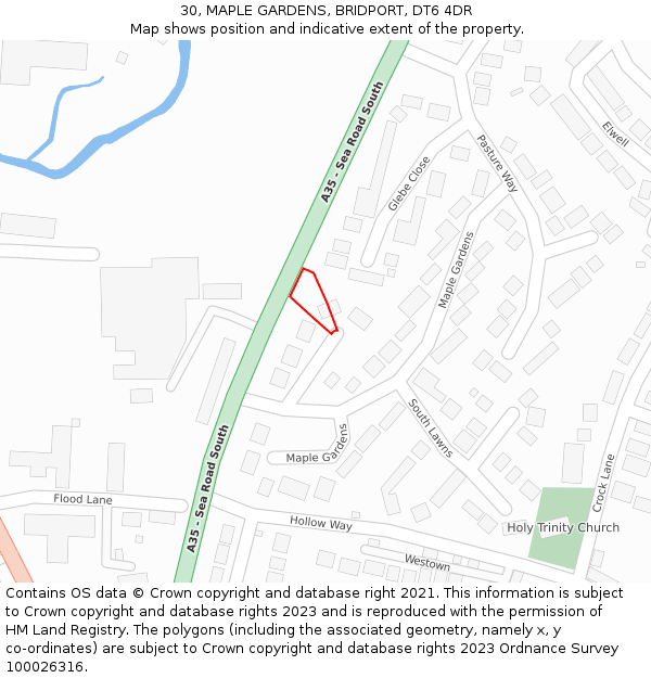 30, MAPLE GARDENS, BRIDPORT, DT6 4DR: Location map and indicative extent of plot