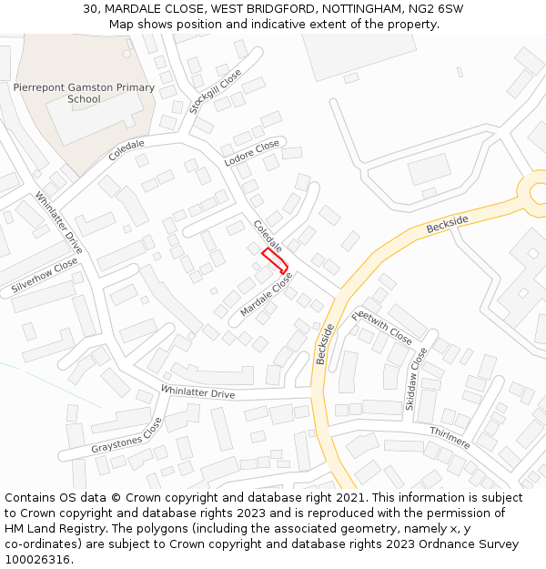 30, MARDALE CLOSE, WEST BRIDGFORD, NOTTINGHAM, NG2 6SW: Location map and indicative extent of plot