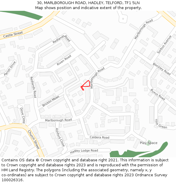 30, MARLBOROUGH ROAD, HADLEY, TELFORD, TF1 5LN: Location map and indicative extent of plot