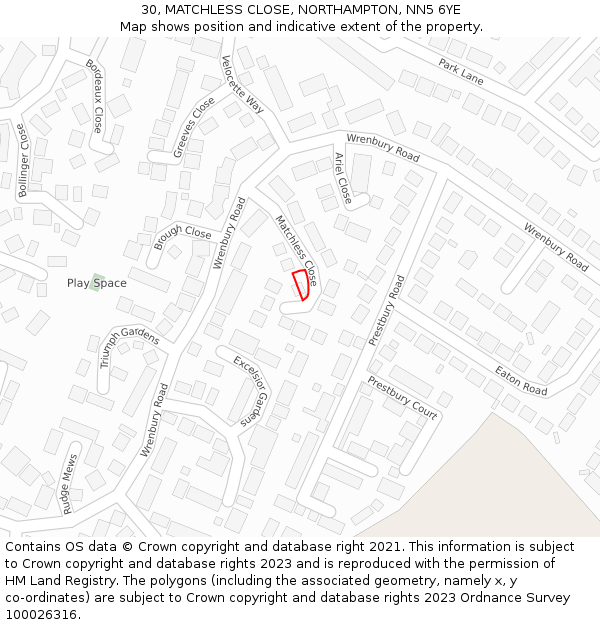 30, MATCHLESS CLOSE, NORTHAMPTON, NN5 6YE: Location map and indicative extent of plot
