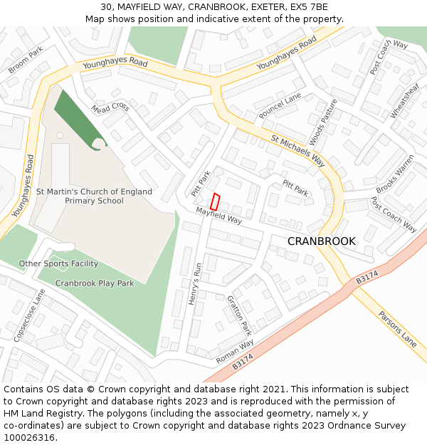 30, MAYFIELD WAY, CRANBROOK, EXETER, EX5 7BE: Location map and indicative extent of plot