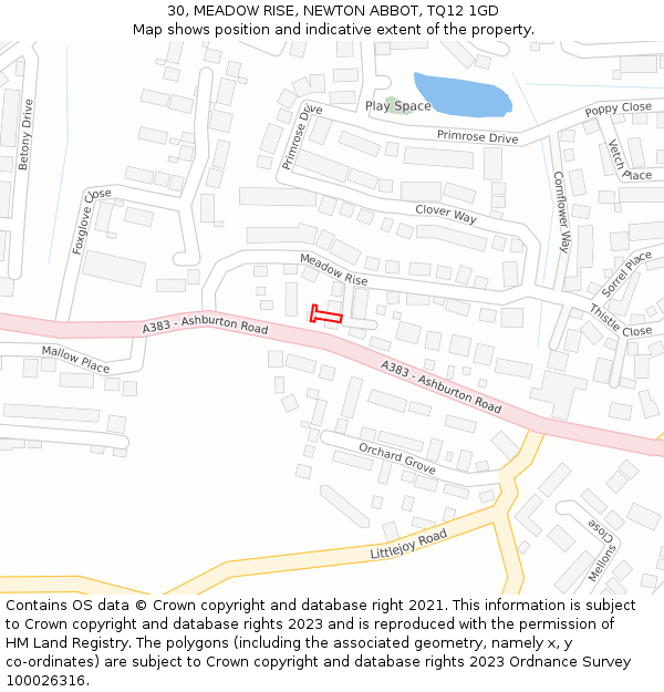 30, MEADOW RISE, NEWTON ABBOT, TQ12 1GD: Location map and indicative extent of plot