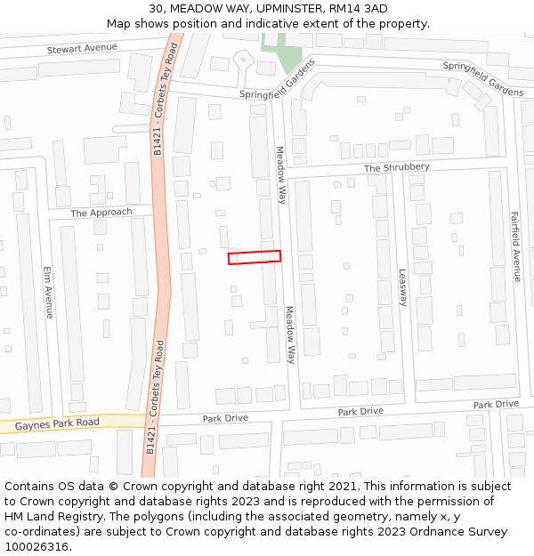 30, MEADOW WAY, UPMINSTER, RM14 3AD: Location map and indicative extent of plot