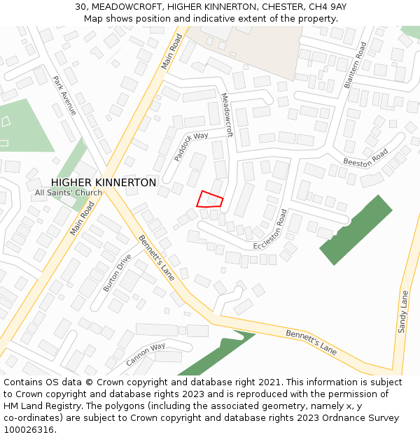 30, MEADOWCROFT, HIGHER KINNERTON, CHESTER, CH4 9AY: Location map and indicative extent of plot