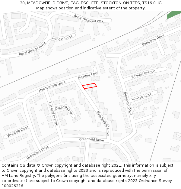 30, MEADOWFIELD DRIVE, EAGLESCLIFFE, STOCKTON-ON-TEES, TS16 0HG: Location map and indicative extent of plot