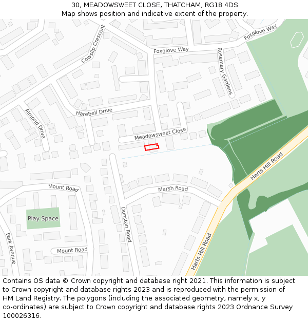 30, MEADOWSWEET CLOSE, THATCHAM, RG18 4DS: Location map and indicative extent of plot