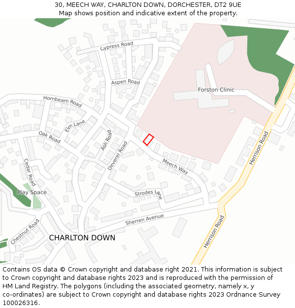 30, MEECH WAY, CHARLTON DOWN, DORCHESTER, DT2 9UE: Location map and indicative extent of plot