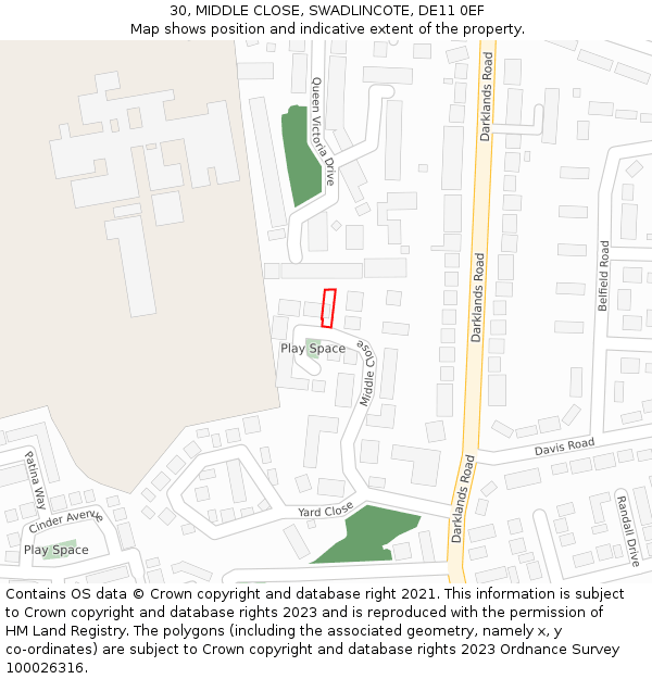 30, MIDDLE CLOSE, SWADLINCOTE, DE11 0EF: Location map and indicative extent of plot