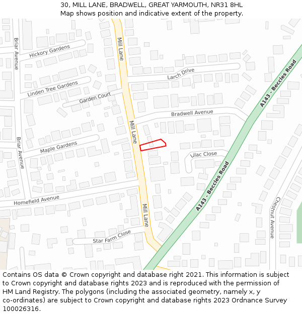 30, MILL LANE, BRADWELL, GREAT YARMOUTH, NR31 8HL: Location map and indicative extent of plot