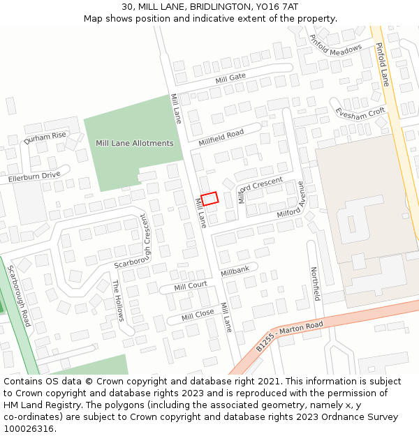 30, MILL LANE, BRIDLINGTON, YO16 7AT: Location map and indicative extent of plot