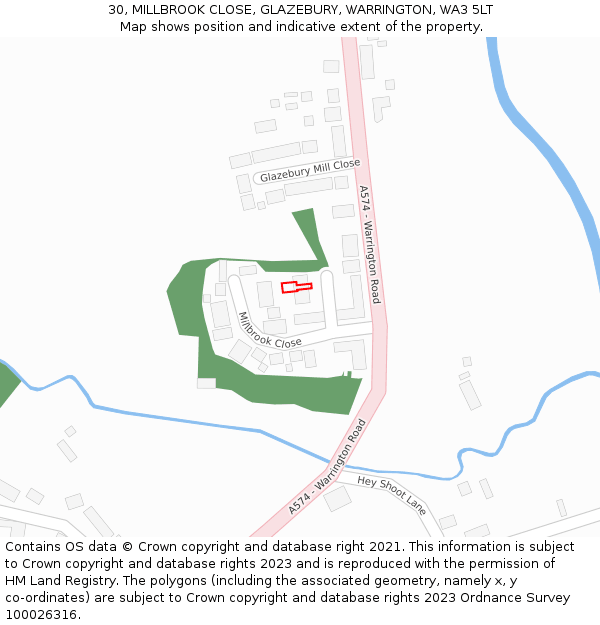 30, MILLBROOK CLOSE, GLAZEBURY, WARRINGTON, WA3 5LT: Location map and indicative extent of plot