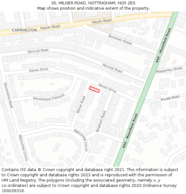 30, MILNER ROAD, NOTTINGHAM, NG5 2ES: Location map and indicative extent of plot