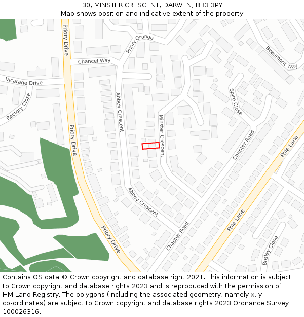 30, MINSTER CRESCENT, DARWEN, BB3 3PY: Location map and indicative extent of plot