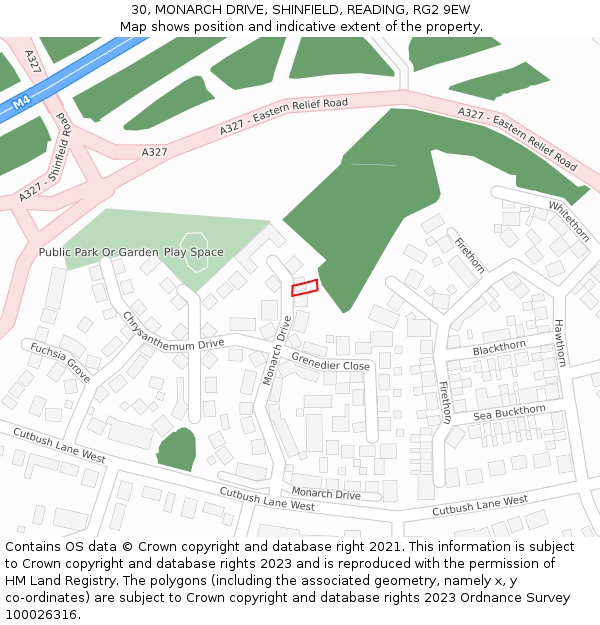 30, MONARCH DRIVE, SHINFIELD, READING, RG2 9EW: Location map and indicative extent of plot