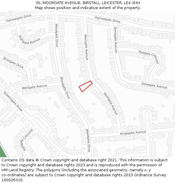 30, MOORGATE AVENUE, BIRSTALL, LEICESTER, LE4 3HH: Location map and indicative extent of plot