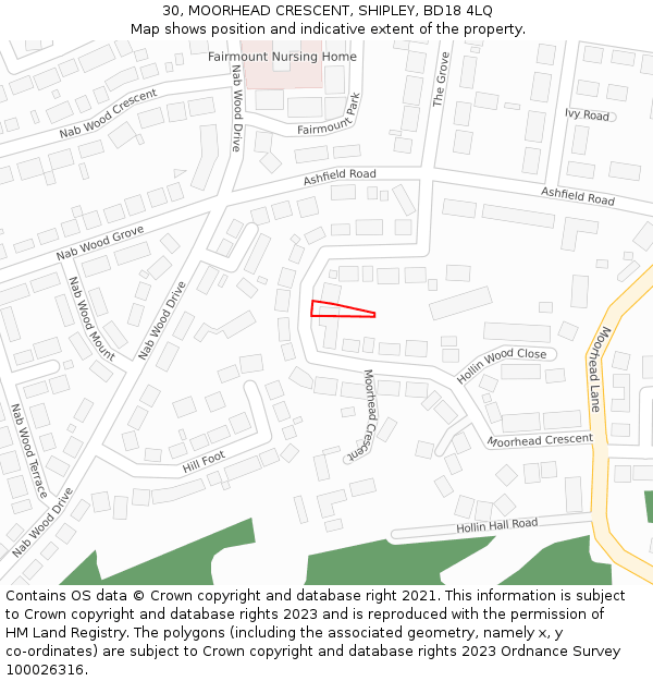 30, MOORHEAD CRESCENT, SHIPLEY, BD18 4LQ: Location map and indicative extent of plot