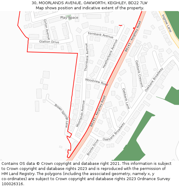 30, MOORLANDS AVENUE, OAKWORTH, KEIGHLEY, BD22 7LW: Location map and indicative extent of plot