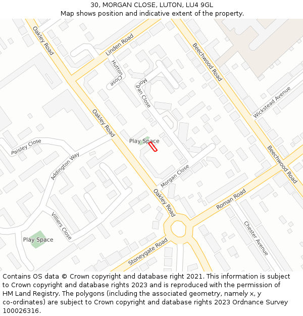 30, MORGAN CLOSE, LUTON, LU4 9GL: Location map and indicative extent of plot