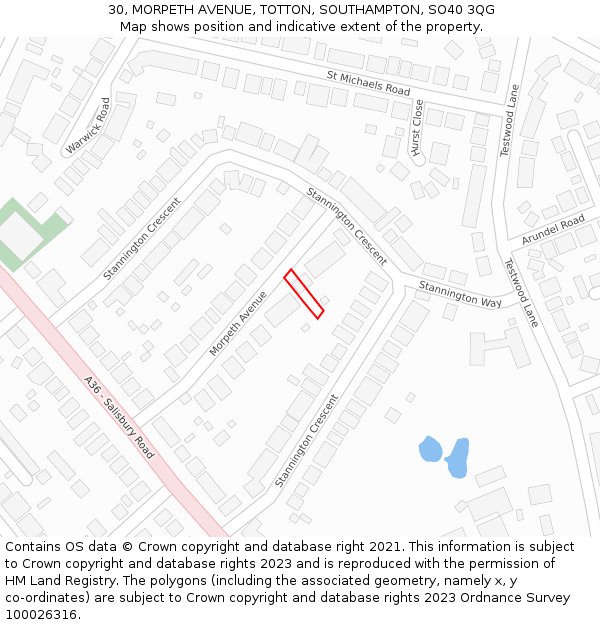 30, MORPETH AVENUE, TOTTON, SOUTHAMPTON, SO40 3QG: Location map and indicative extent of plot