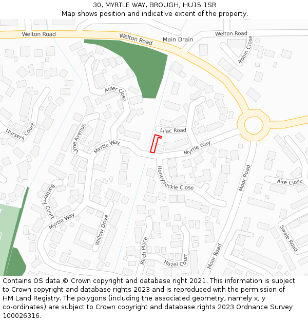 30, MYRTLE WAY, BROUGH, HU15 1SR: Location map and indicative extent of plot