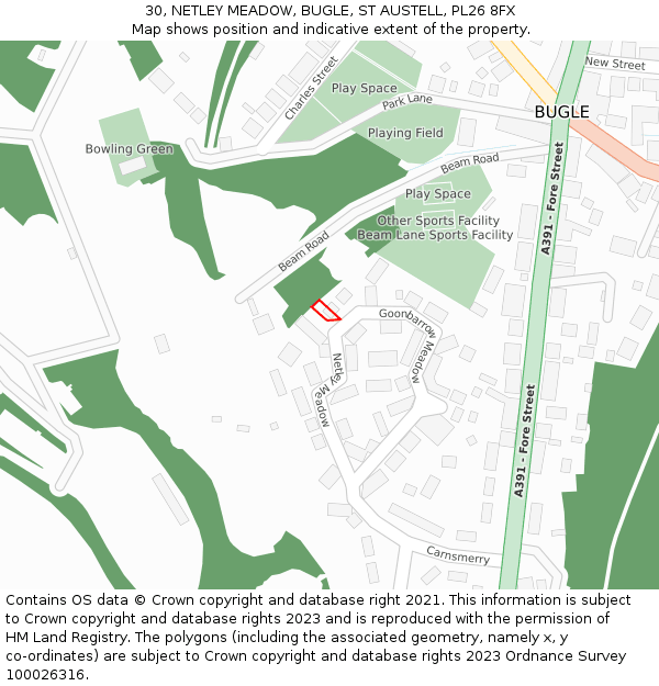 30, NETLEY MEADOW, BUGLE, ST AUSTELL, PL26 8FX: Location map and indicative extent of plot