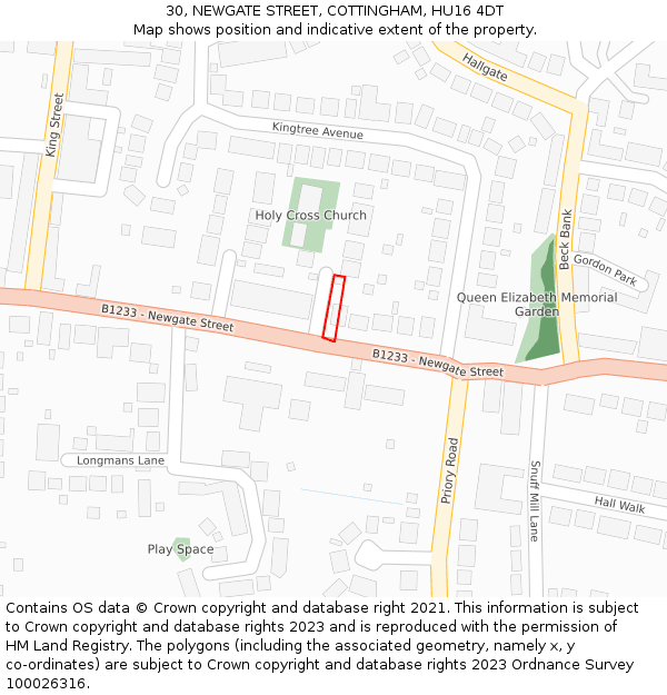 30, NEWGATE STREET, COTTINGHAM, HU16 4DT: Location map and indicative extent of plot