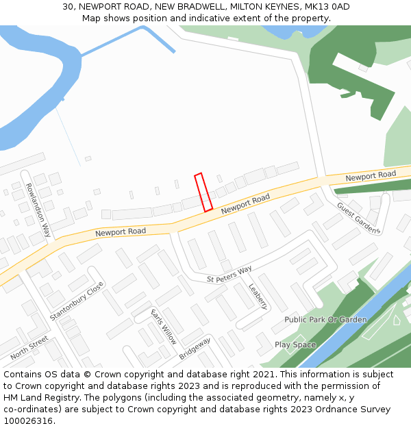 30, NEWPORT ROAD, NEW BRADWELL, MILTON KEYNES, MK13 0AD: Location map and indicative extent of plot