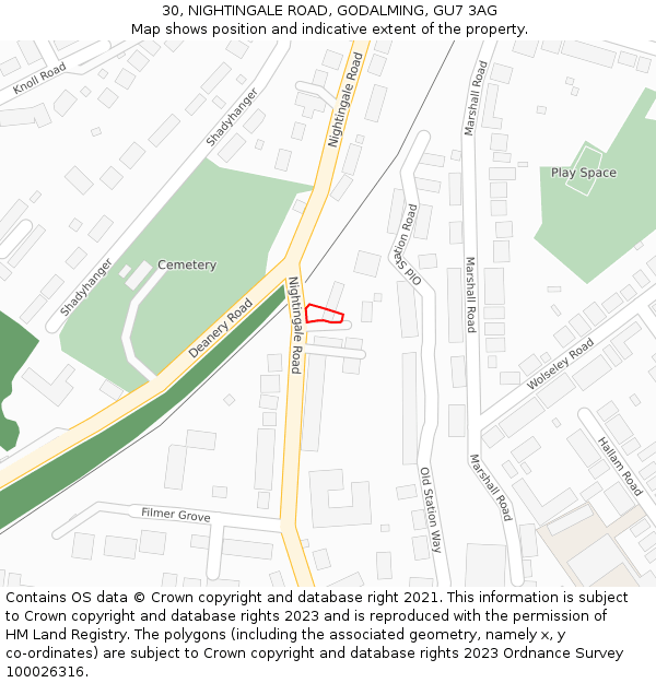 30, NIGHTINGALE ROAD, GODALMING, GU7 3AG: Location map and indicative extent of plot