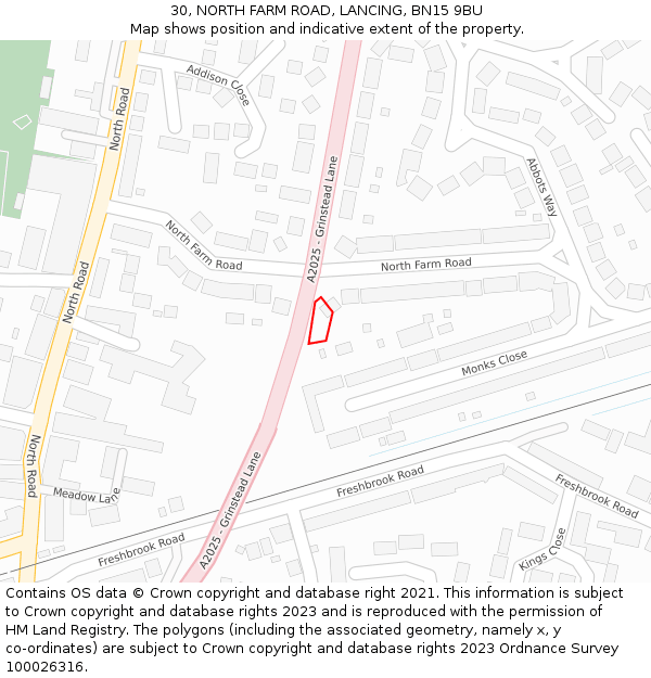30, NORTH FARM ROAD, LANCING, BN15 9BU: Location map and indicative extent of plot
