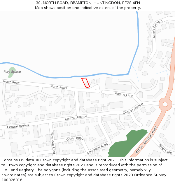 30, NORTH ROAD, BRAMPTON, HUNTINGDON, PE28 4FN: Location map and indicative extent of plot